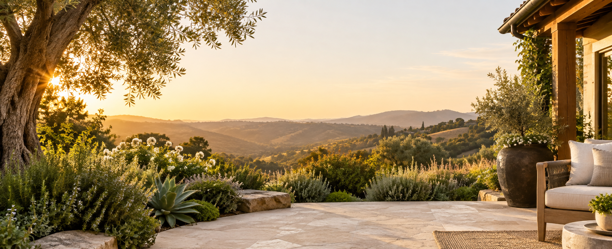 A peaceful garden patio overlooking California hills